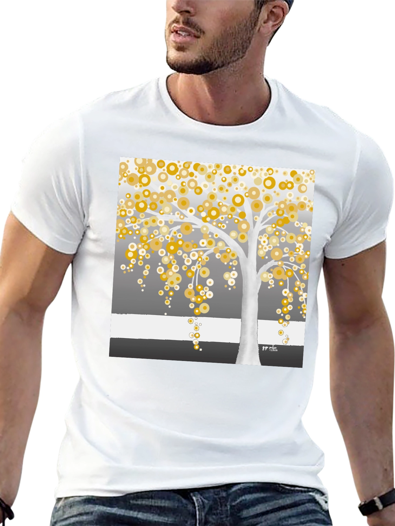 Golden Circle Tree Graphic Tee - Modern Art Shirt