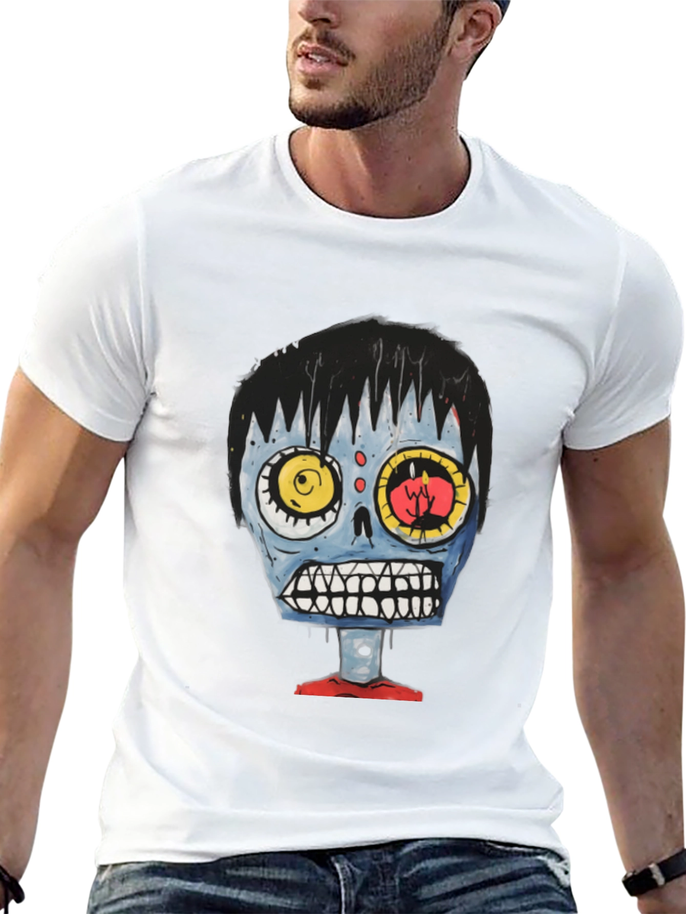 Zombie Cartoon Graphic Tee - Black Cotton T-Shirt