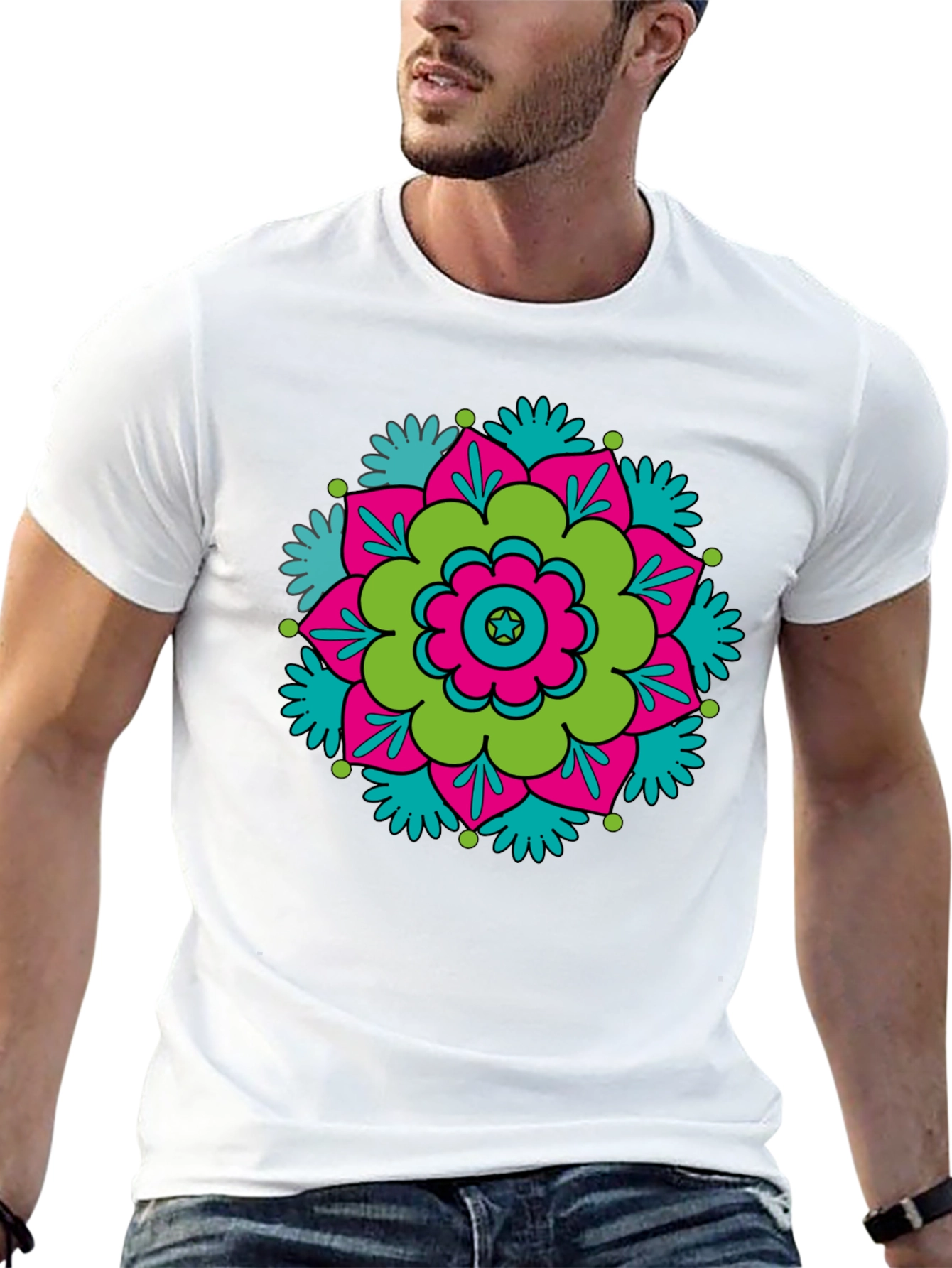 Black T-Shirt with Retro Flower Mandala Design