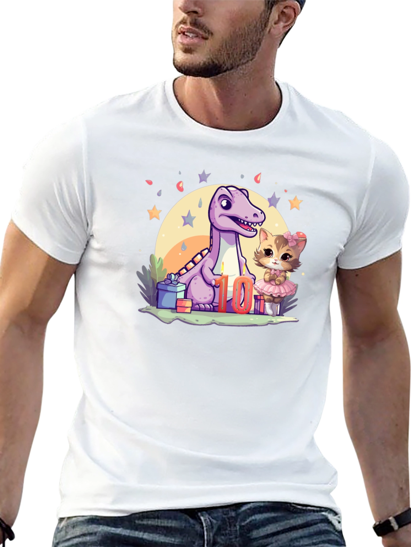 Cute 10th Birthday Dinosaur & Kitty T-Shirt