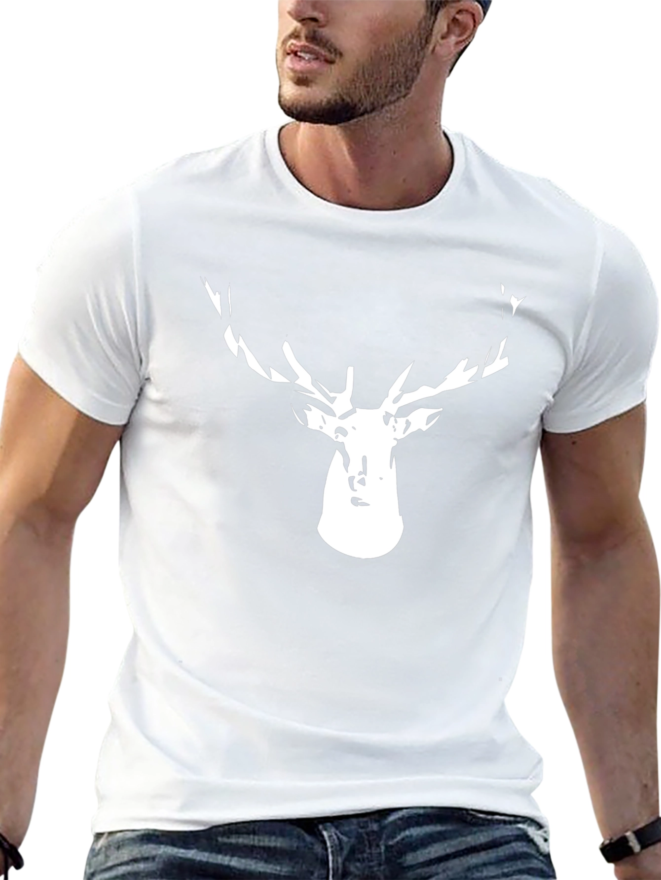 Mens Black T-Shirt with Deer Head Graphic