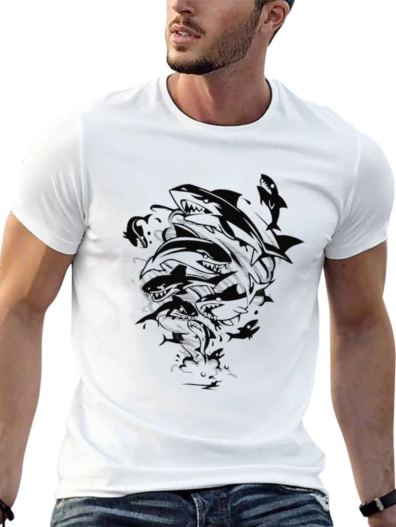 Mens Black Shark Graphic Print Crew Neck T-Shirt