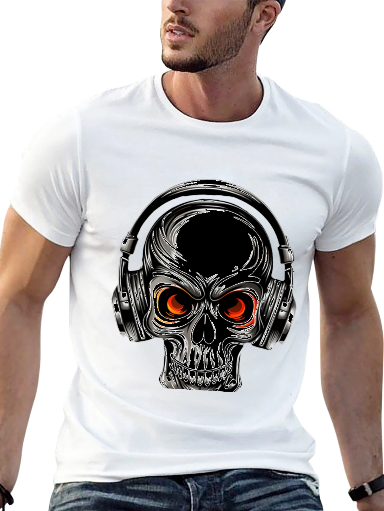 Skull with Headphones Graphic Tee - Black