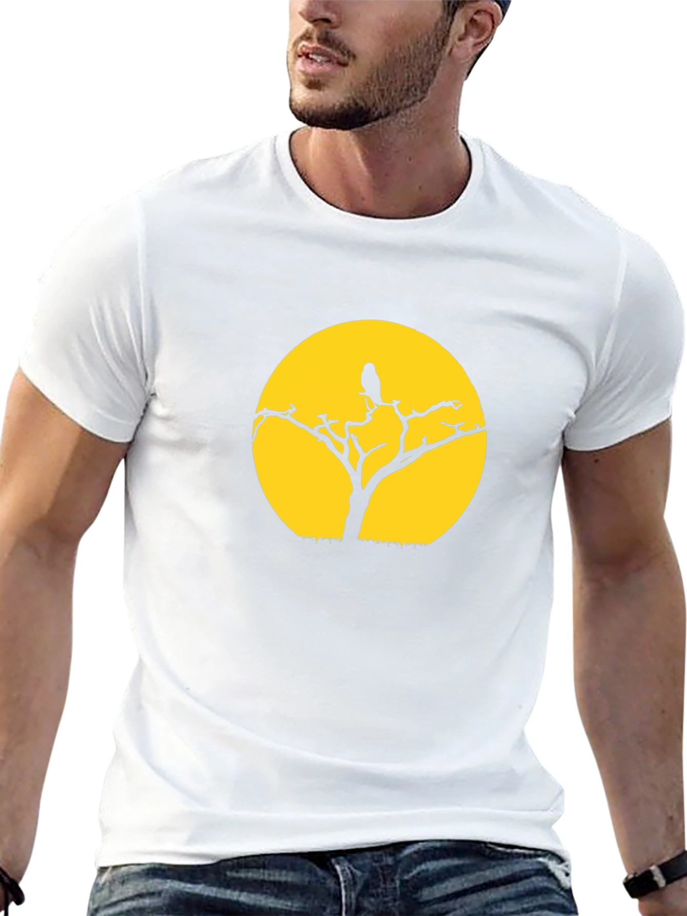 Black T-Shirt with Tree & Bird Graphic