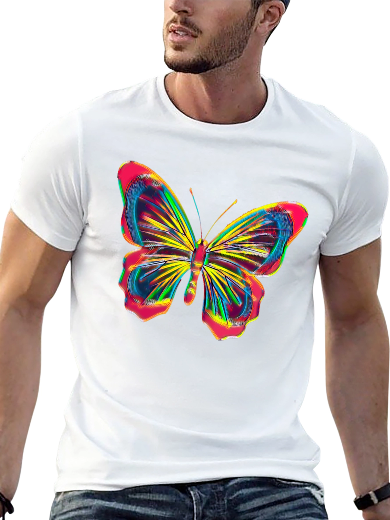 Vibrant Butterfly Graphic Tee - Bold Black Cotton Shirt