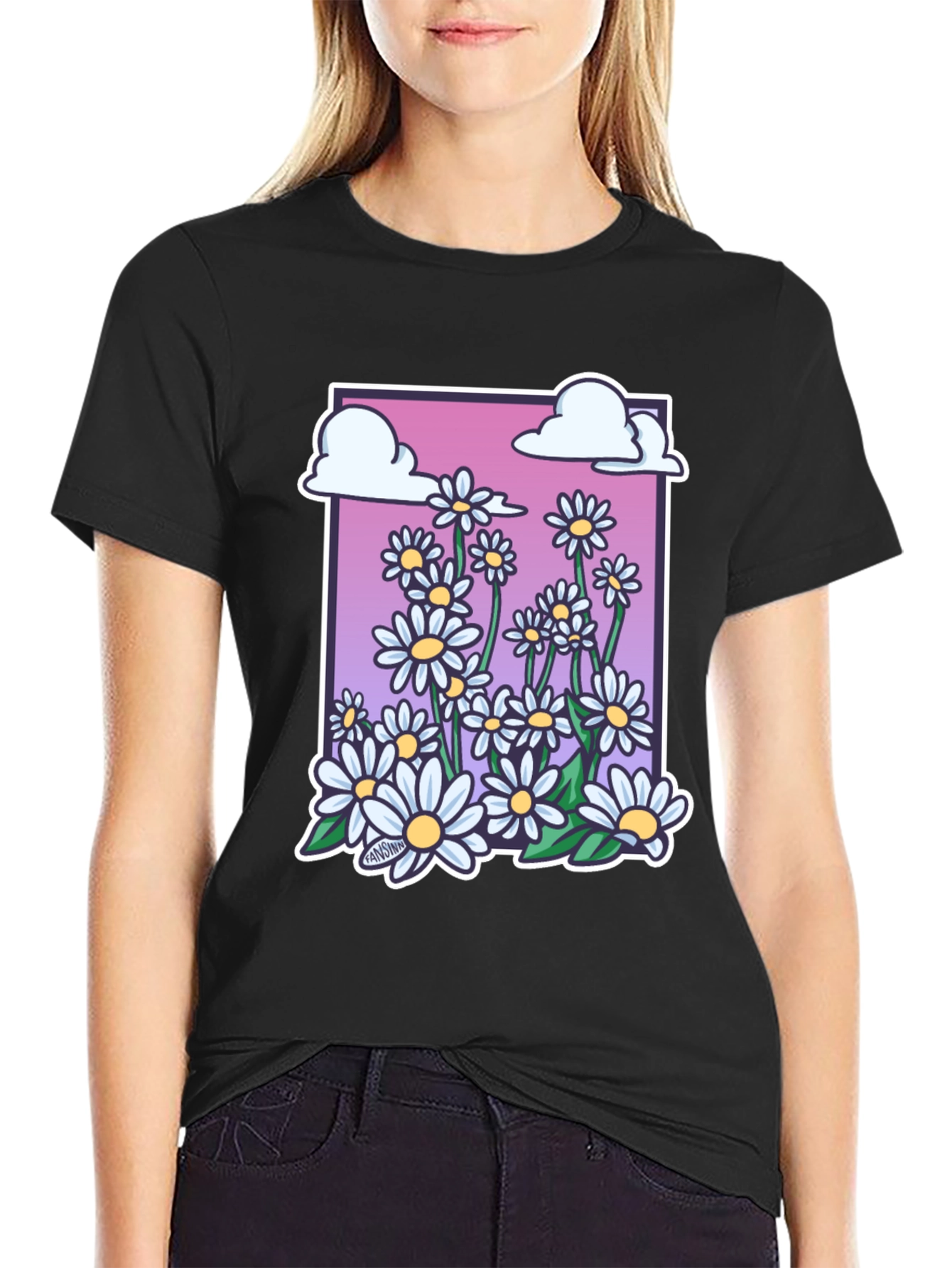 Daisy Cloud Graphic Print Black T-Shirt