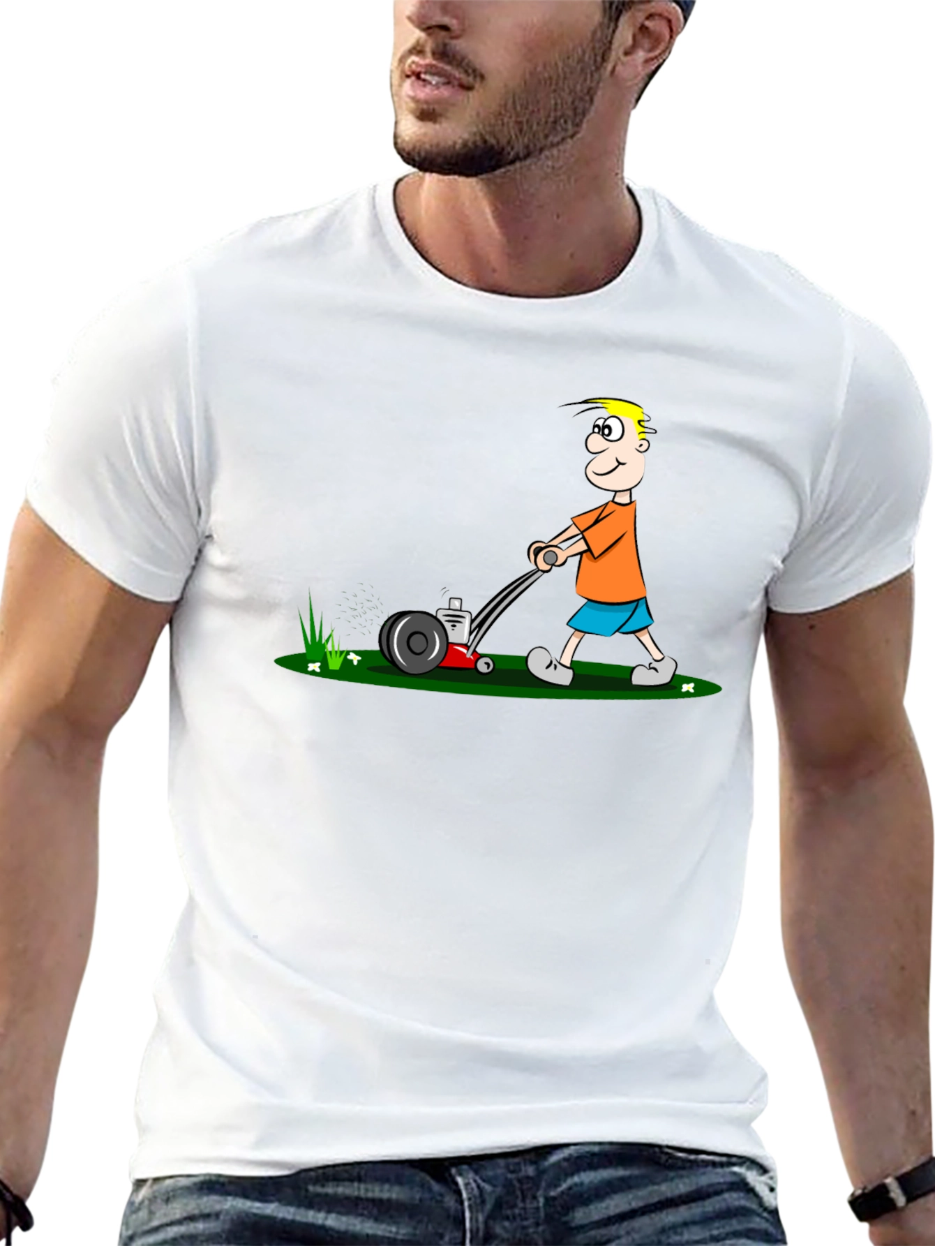 Cartoon Lawn Mower Tee - Black Cotton Graphic T-Shirt