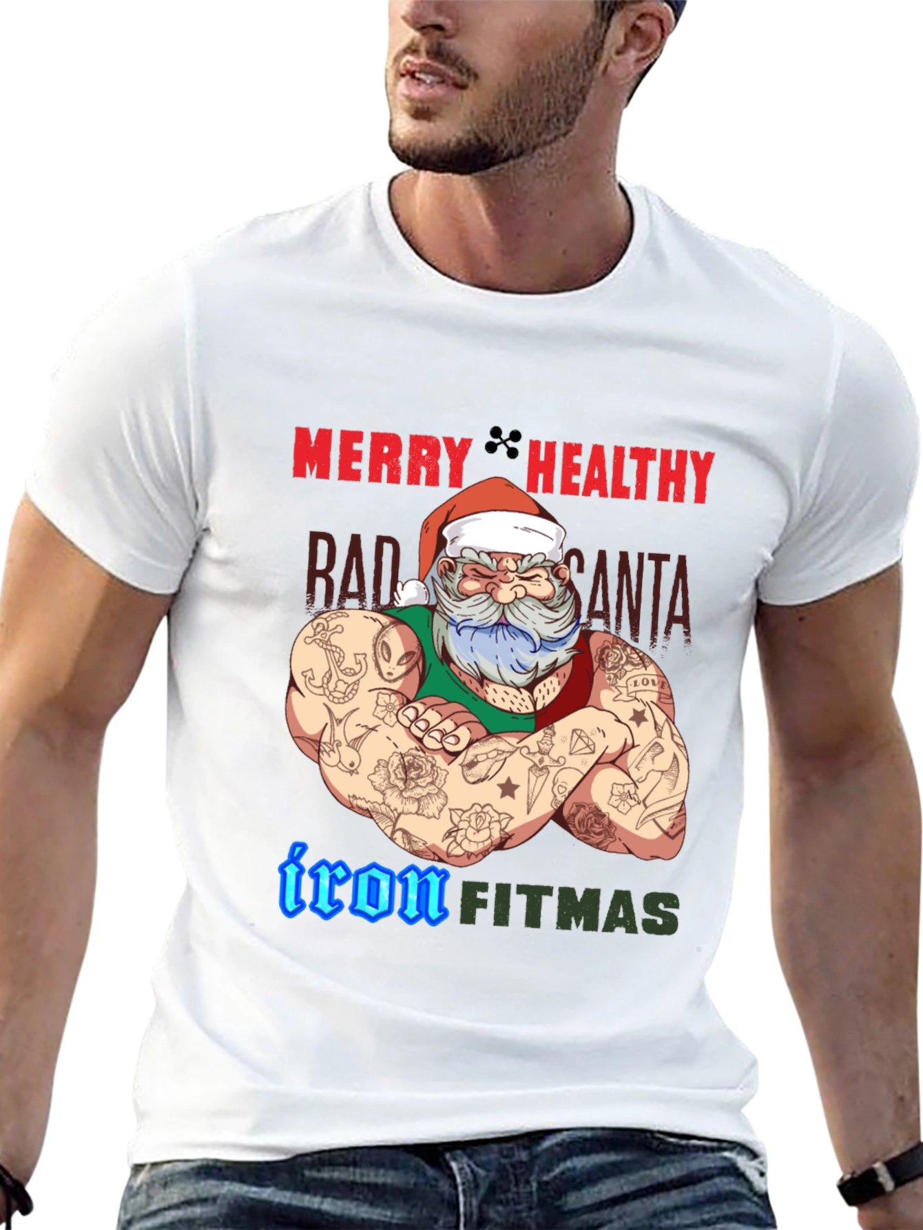 Merry Healthy Iron Fitmas Santa T-Shirt