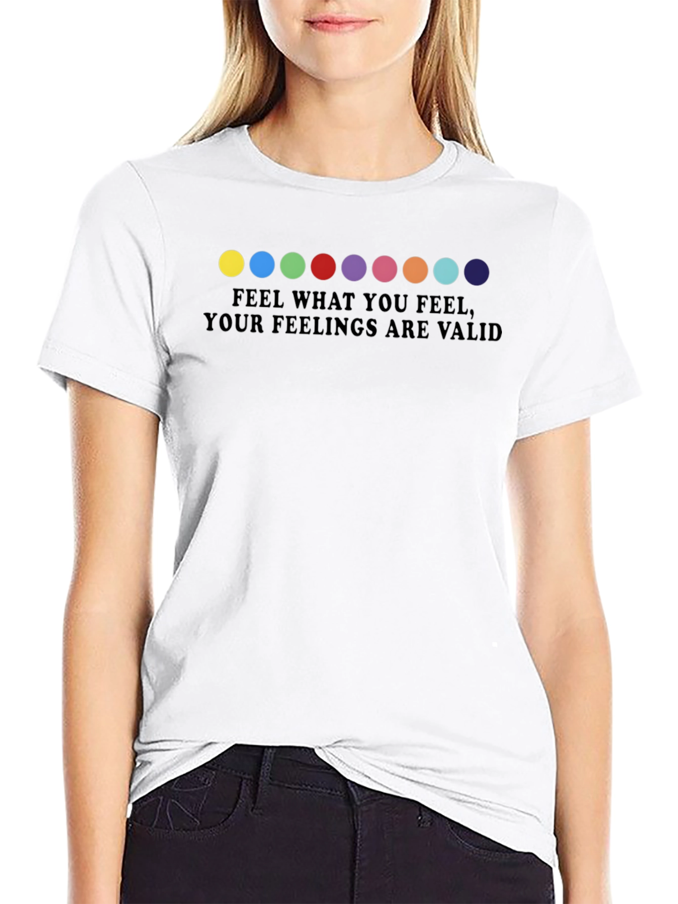 Feelings Valid Rainbow Dot T-Shirt - Black Crew Neck