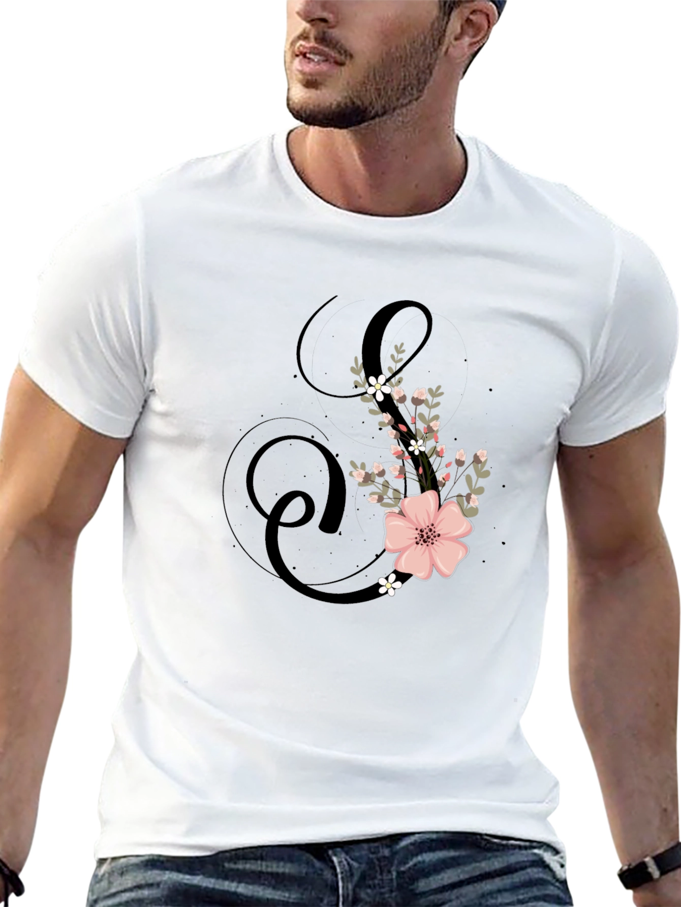 Floral Initial S Black T-Shirt