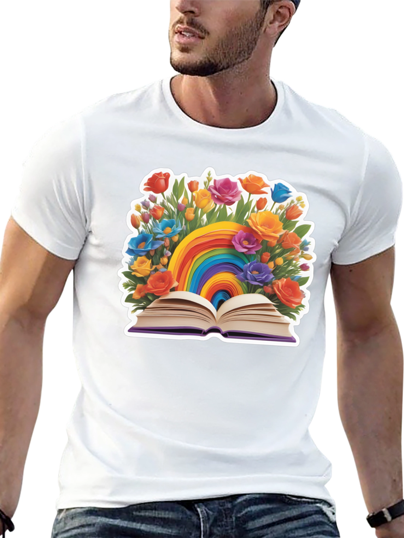 Rainbow Book & Flowers Graphic T-Shirt