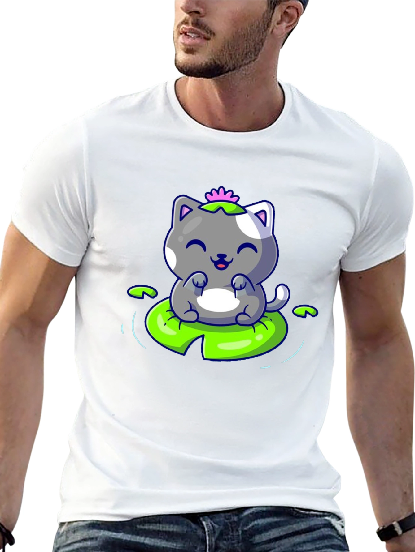 Cute Cat on Lily Pad Graphic Tee - Black