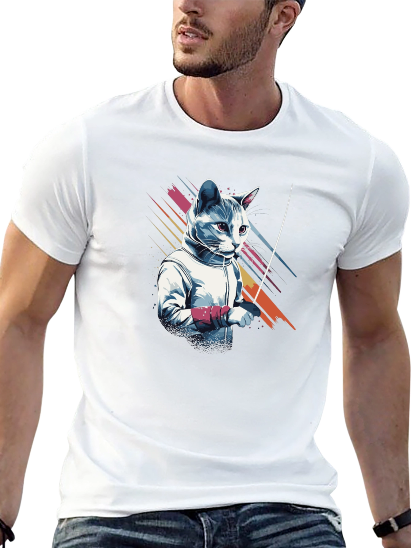 Fencing Cat Graphic T-Shirt