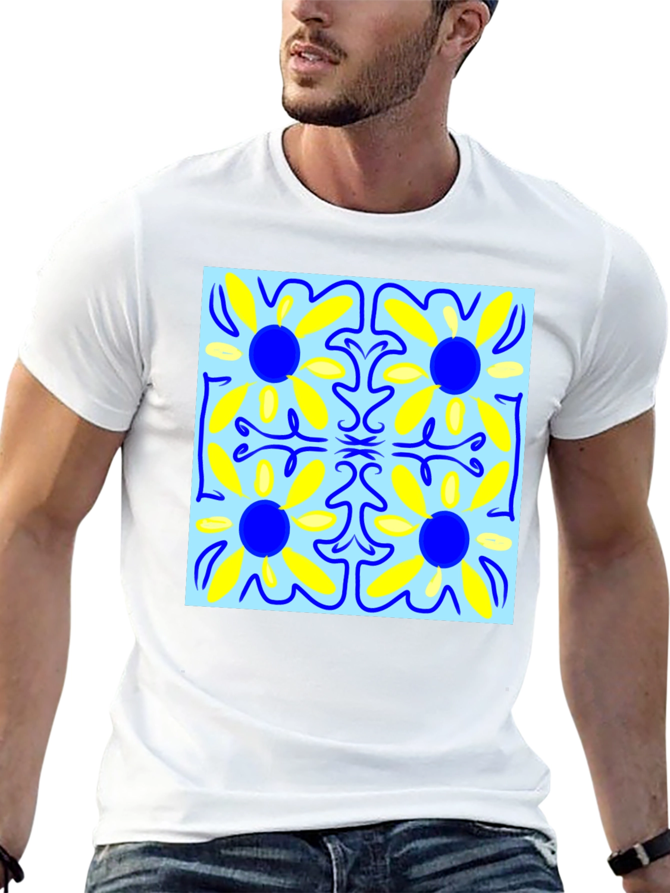 Floral Pattern Mens Black T-Shirt