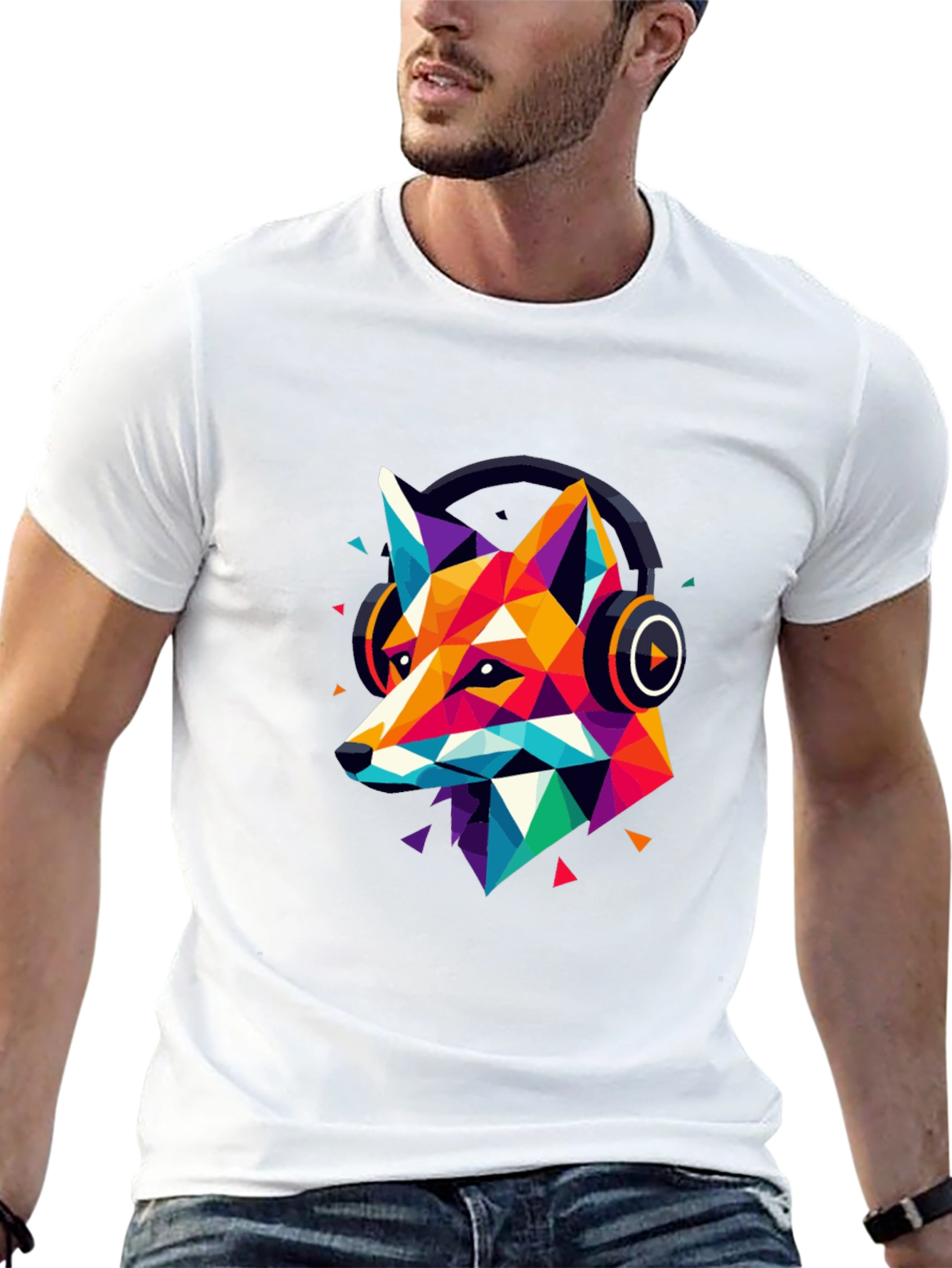 Geometric Fox Headphone Graphic T-Shirt