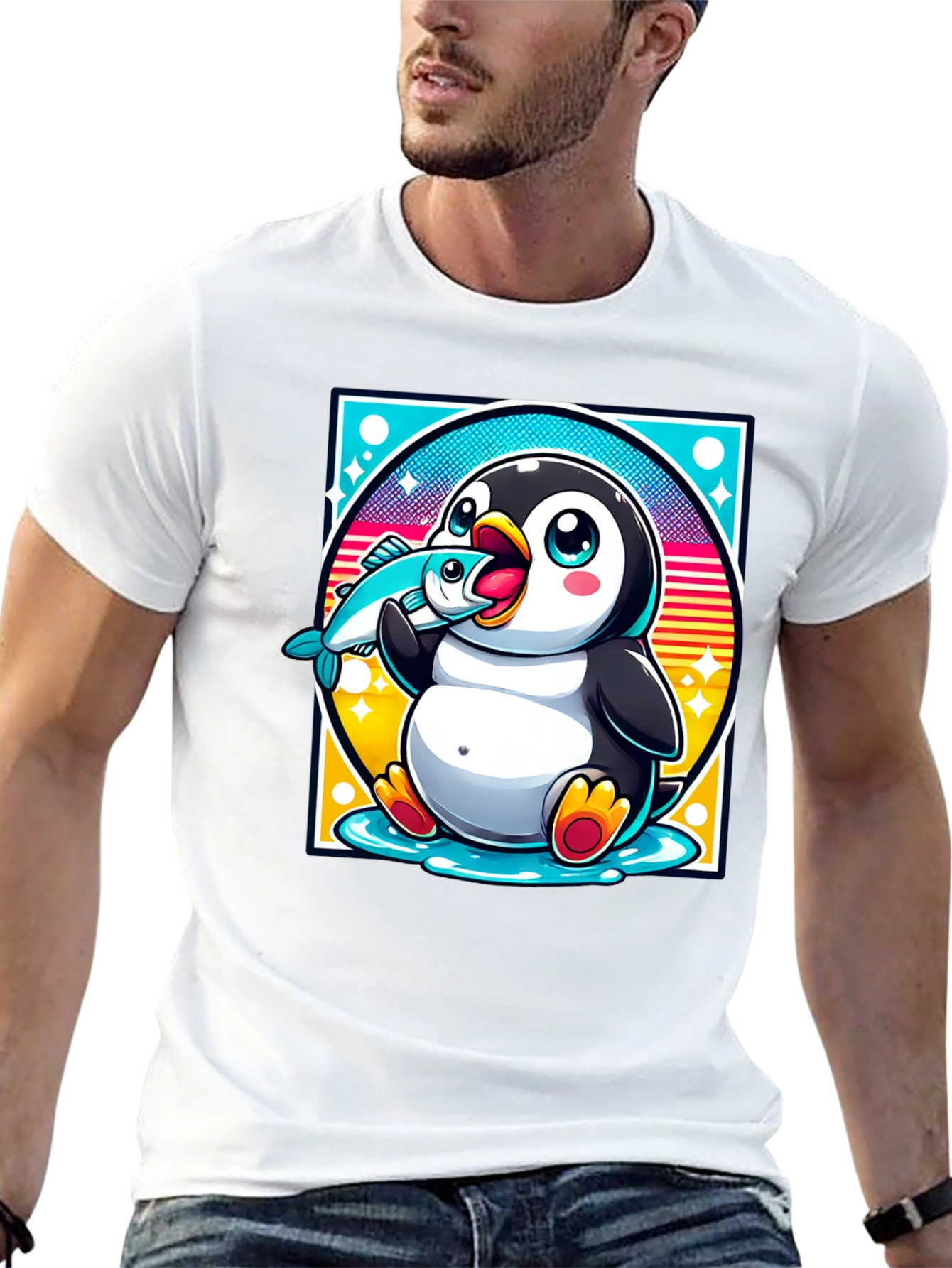 Penguin Eating Fish Graphic T-Shirt