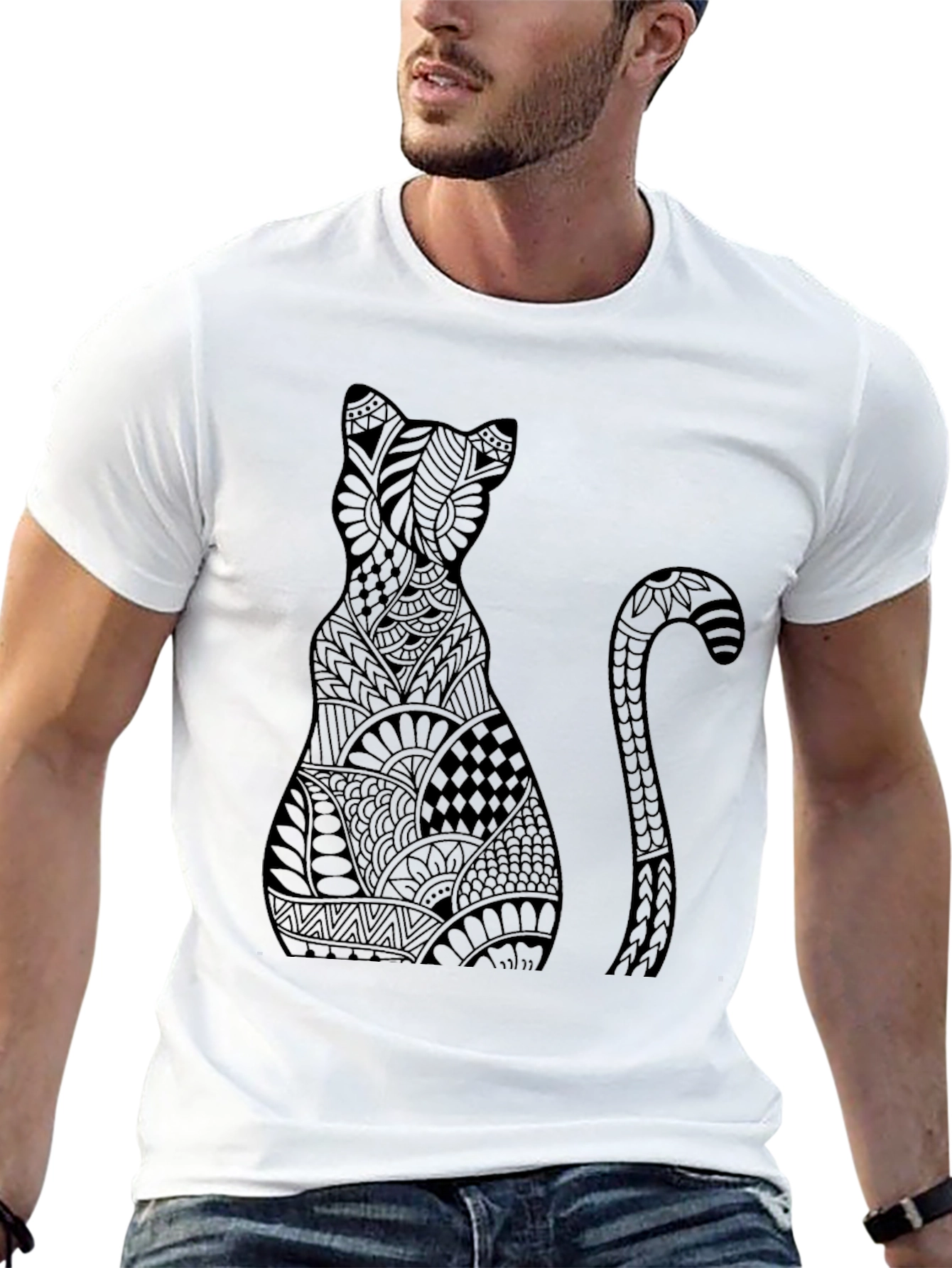 Abstract Cat Graphic Tee - Stylish Black T-Shirt