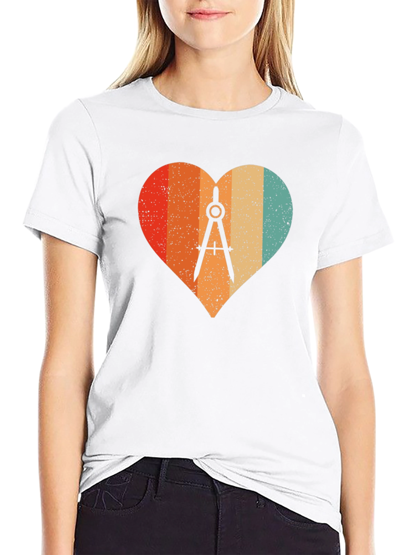 Retro Heart Compass Black T-Shirt - Engineer Math Architect