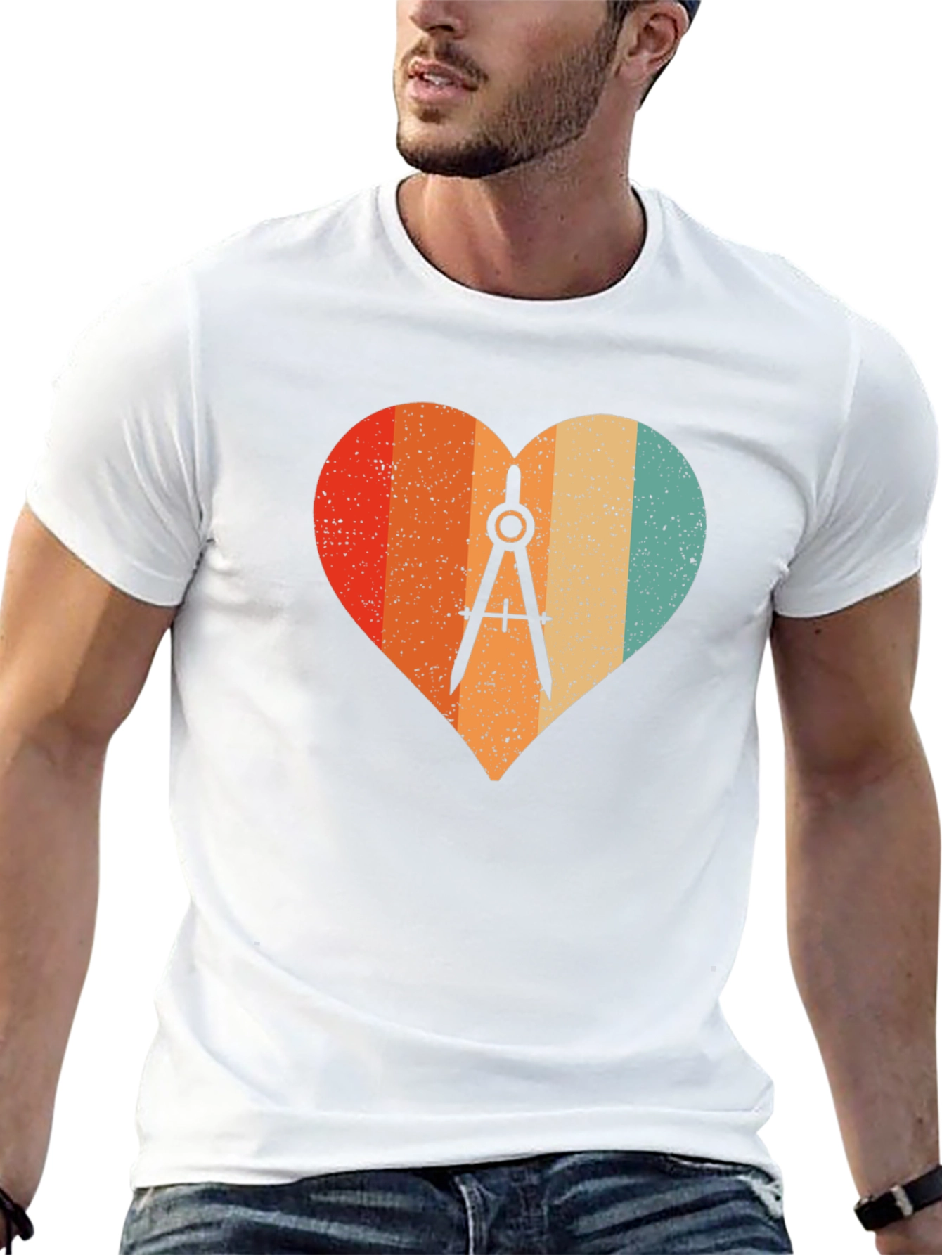 Retro Heart Compass Black T-Shirt - Engineer Math Architect