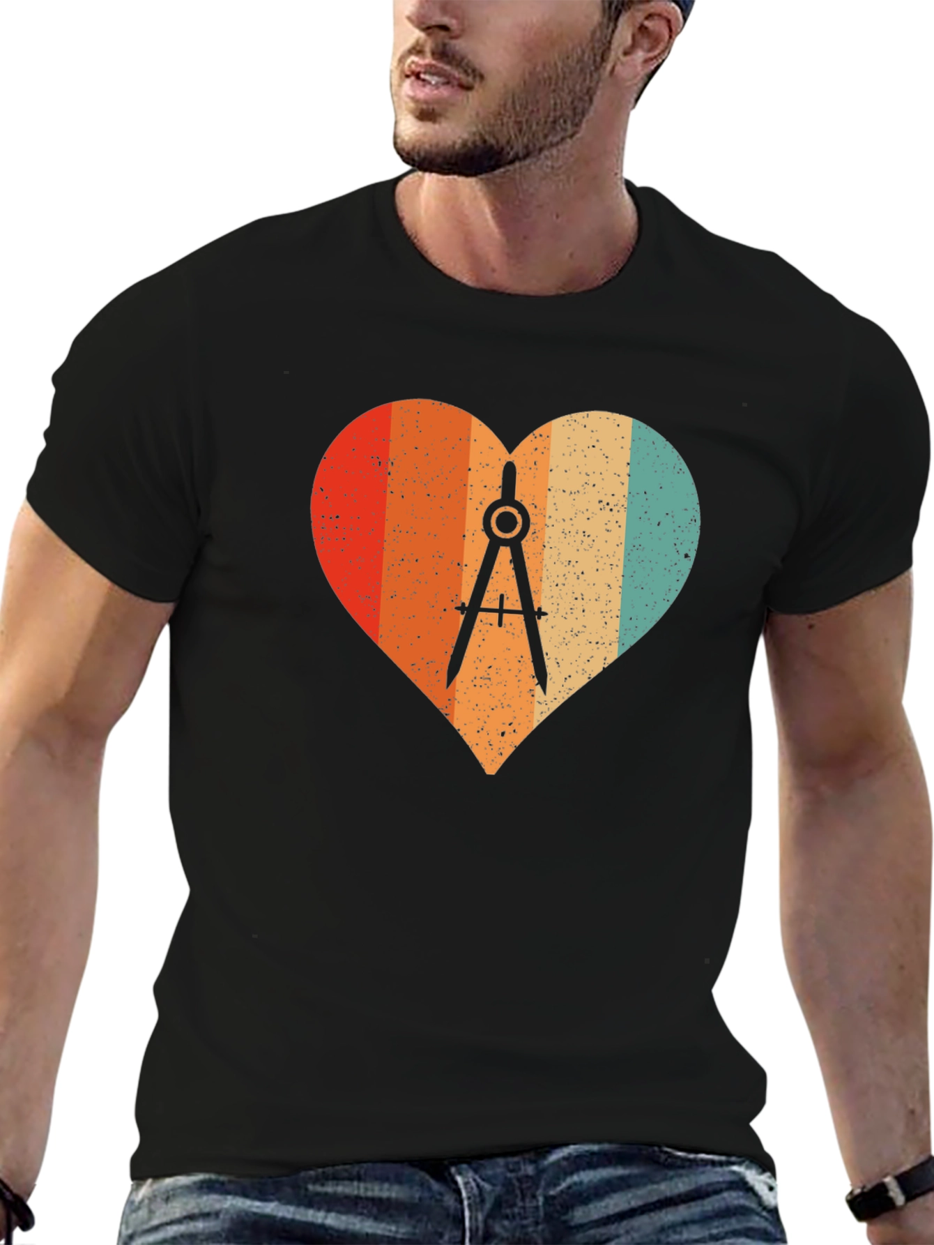 Retro Heart Compass Black T-Shirt - Engineer Math Architect