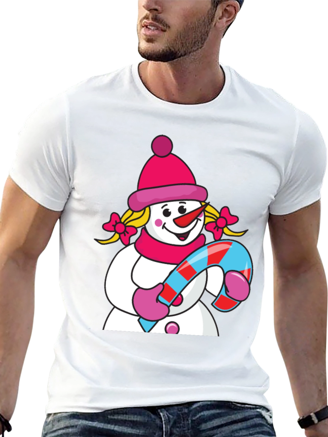 Cute Snowman with Candy Cane Black T-Shirt