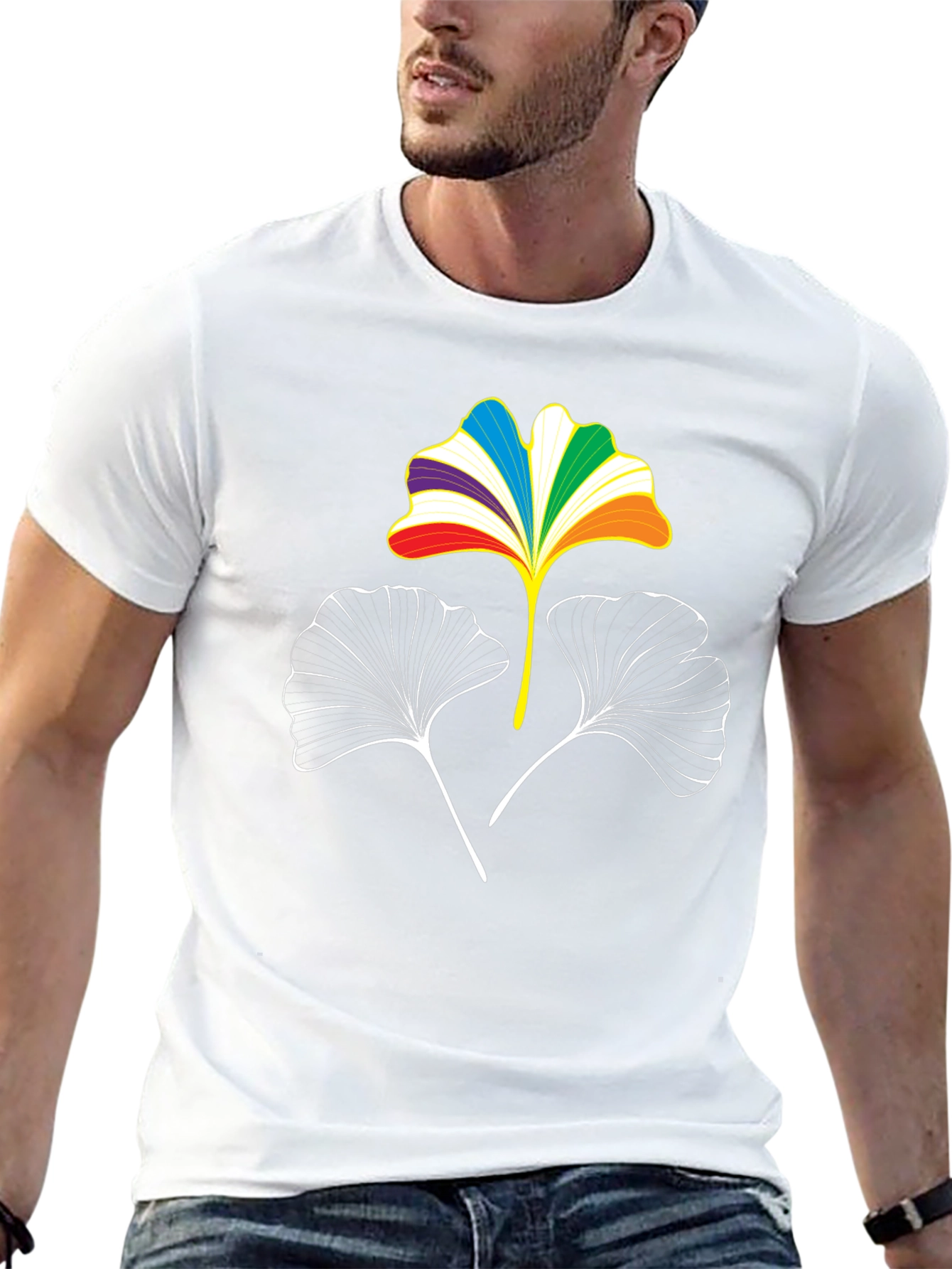 Rainbow Ginkgo Leaf Graphic Tee - Black