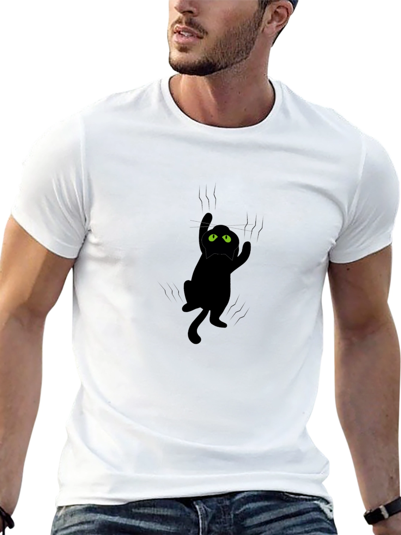 Clingy Cat Graphic Tee - Black Cotton T-Shirt