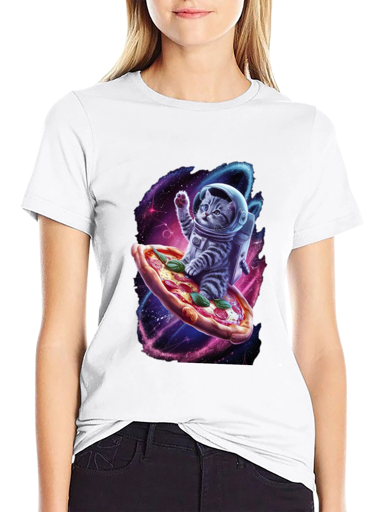 Astronaut Cat Pizza T-Shirt - Galaxy Space Design