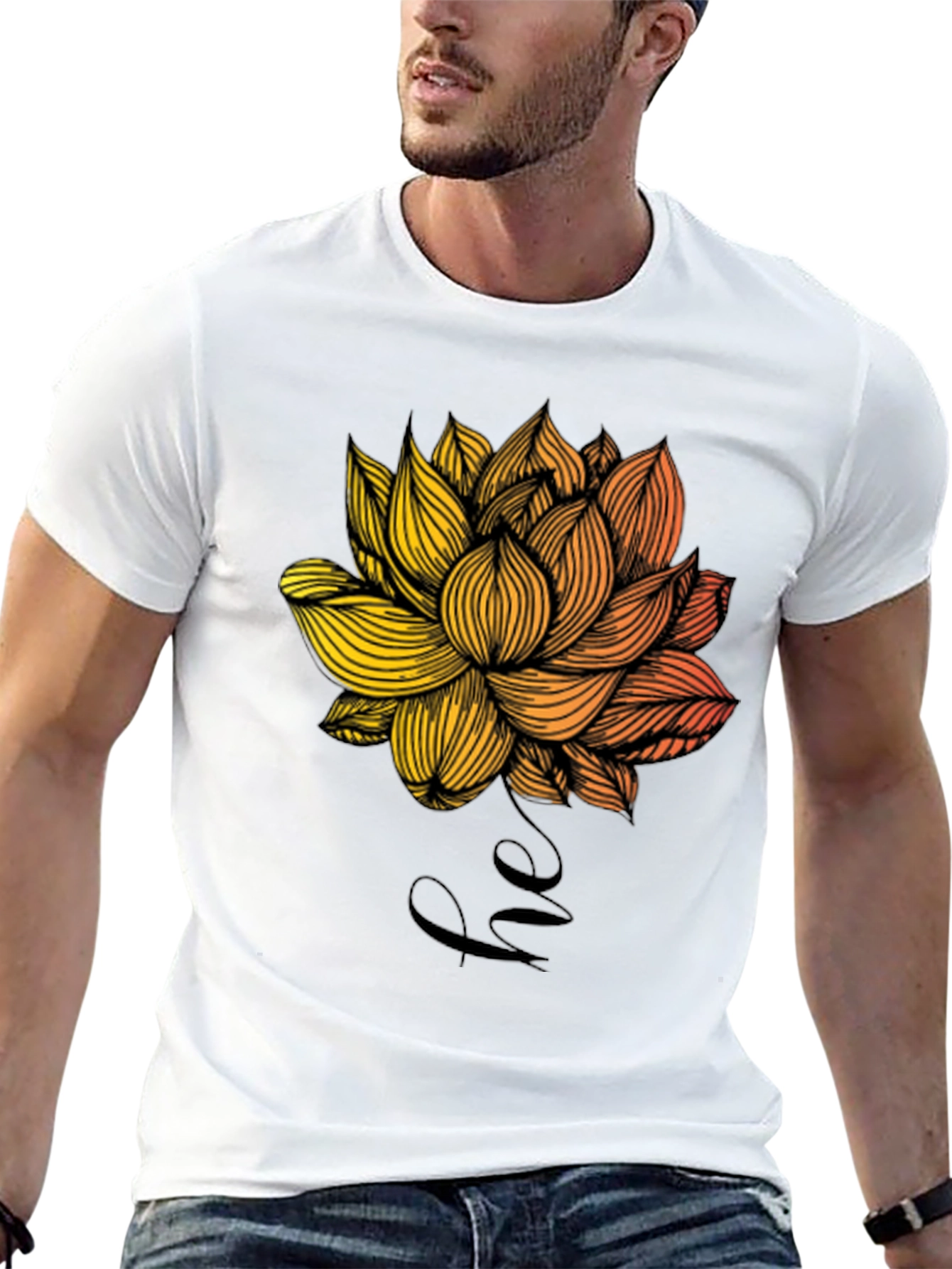 Floral Lotus Graphic Print Mens Black T-Shirt