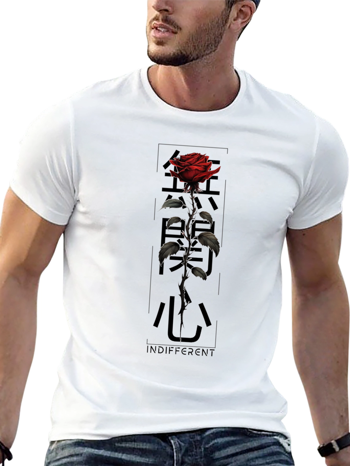 Black Graphic Tee: Rose & Japanese Text