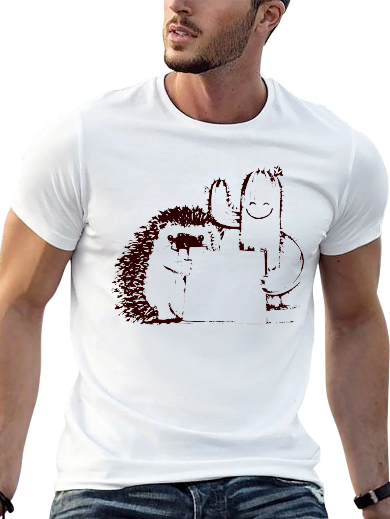 Black T-Shirt with Quirky Cactus & Hedgehog Graphic
