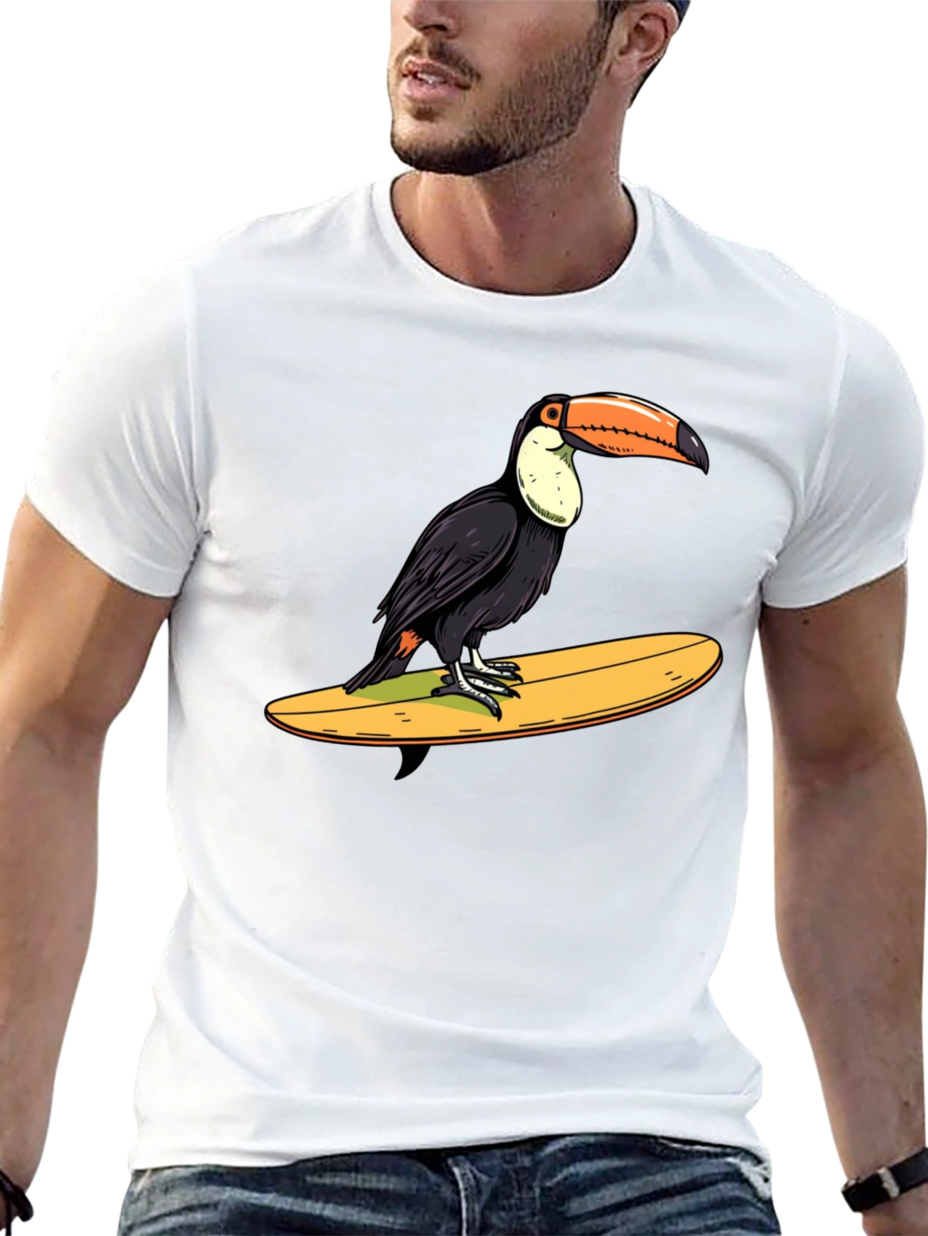 Toucan Surfing Graphic Tee - Black Cotton T-Shirt