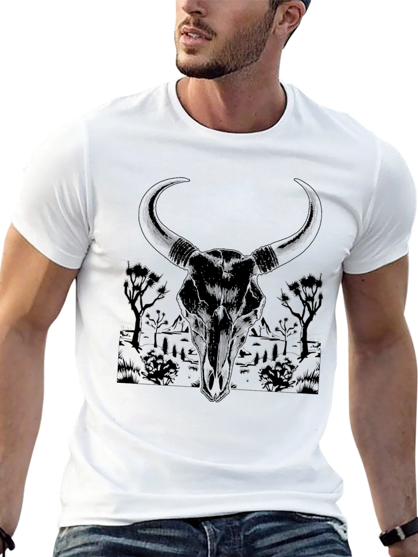 Black Bull Skull Graphic Tee - Desert Scene