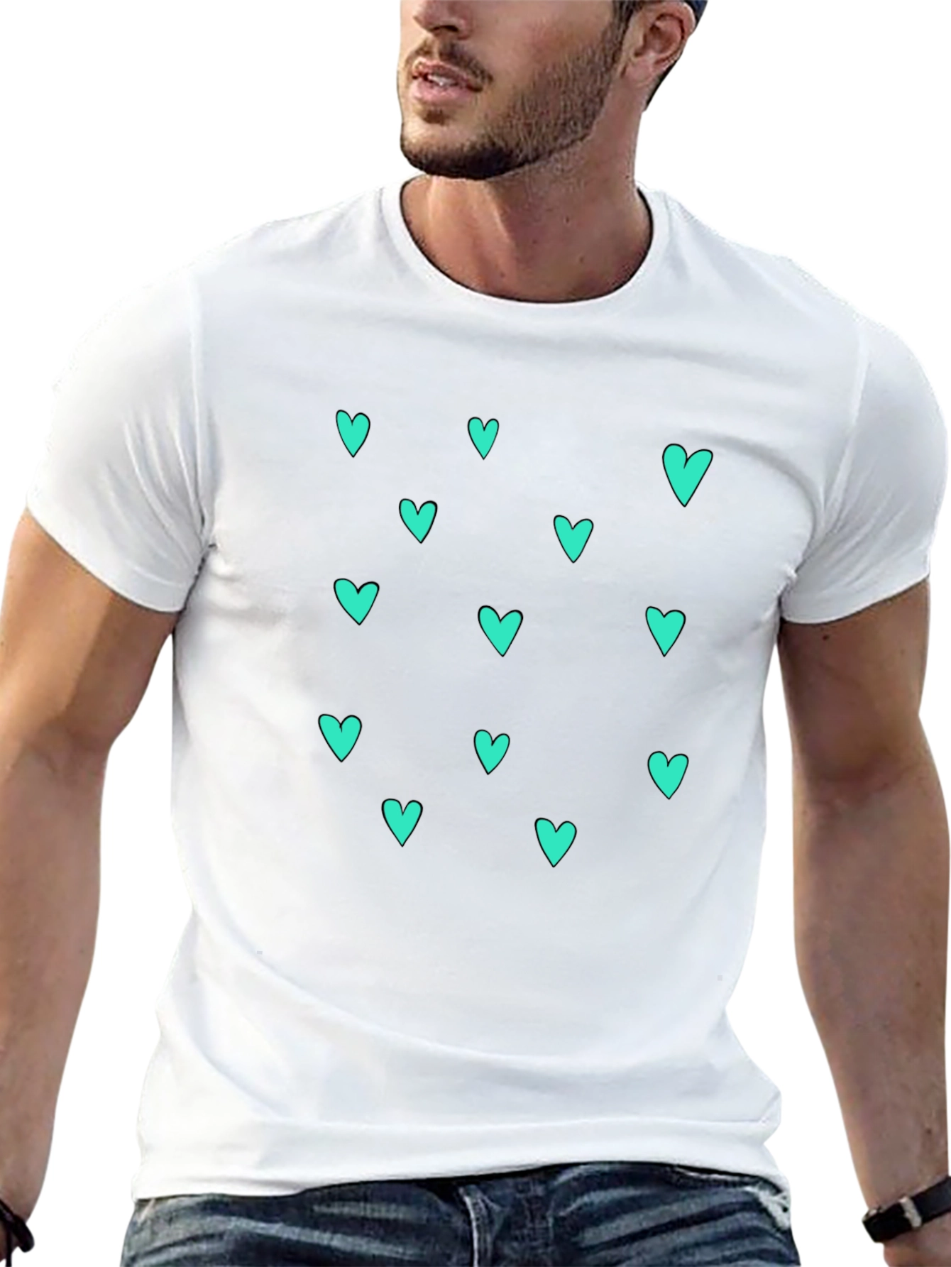 Trendy Black T-Shirt with Teal Heart Pattern
