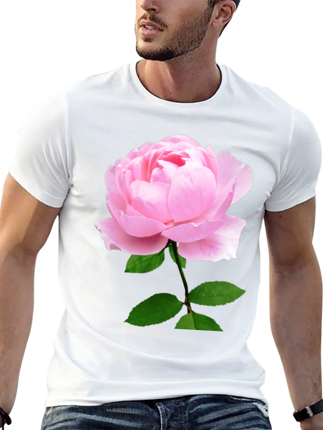 Black T-Shirt with Pink Rose Print