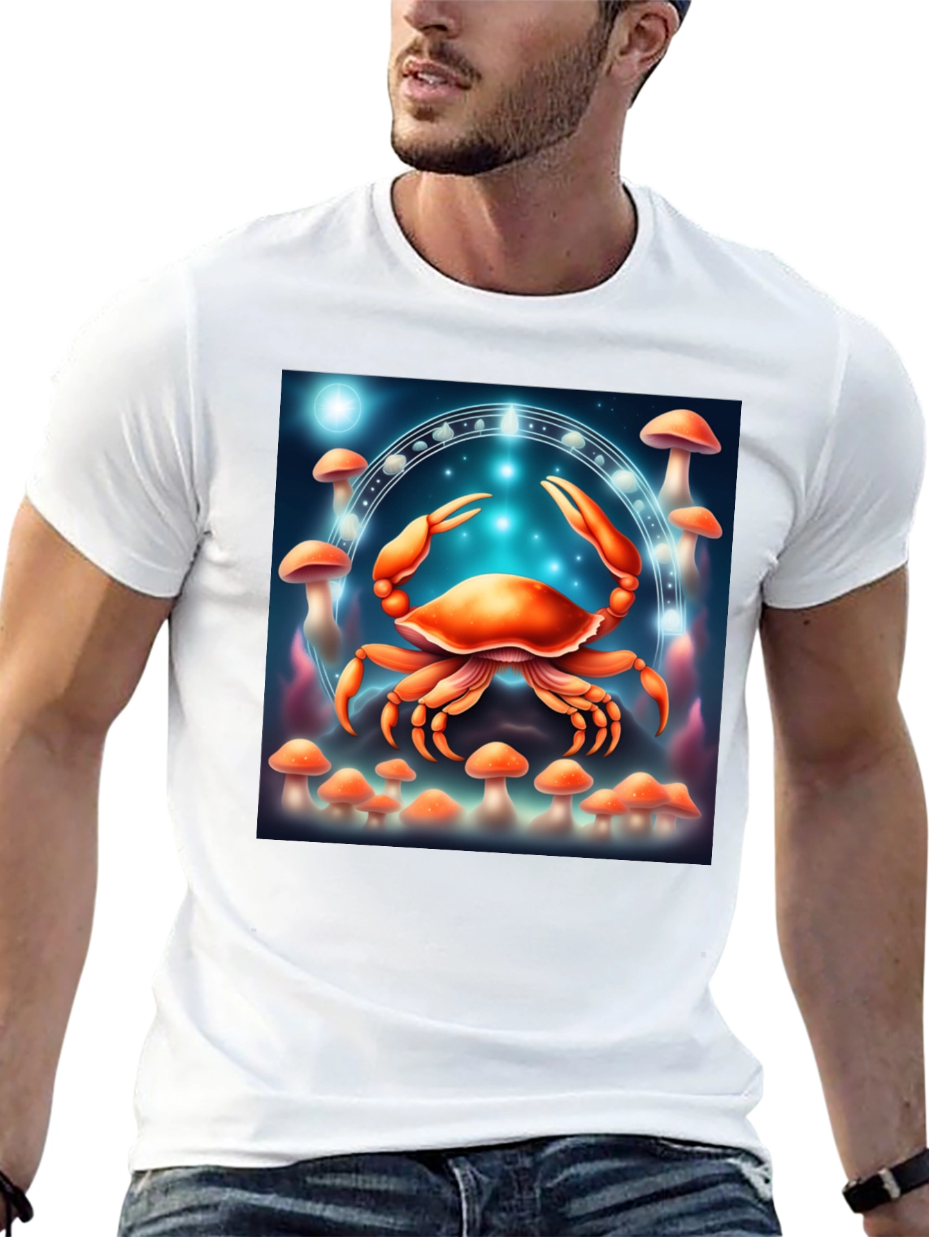 Cancer Zodiac T-Shirt: Crab & Mushroom Design