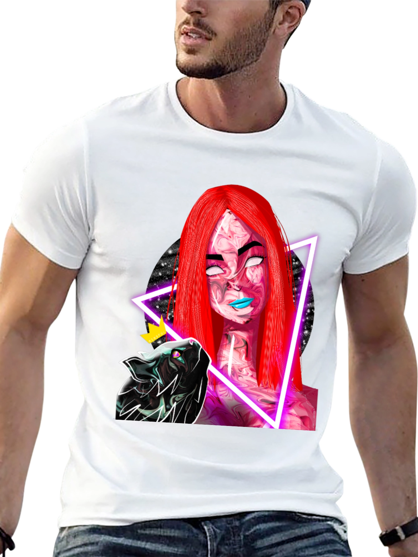 Neon Galaxy Woman & Cat Black T-Shirt