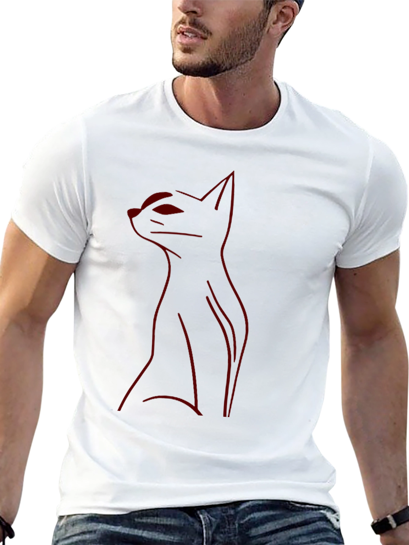 Mens Black T-Shirt with Red Cat Outline