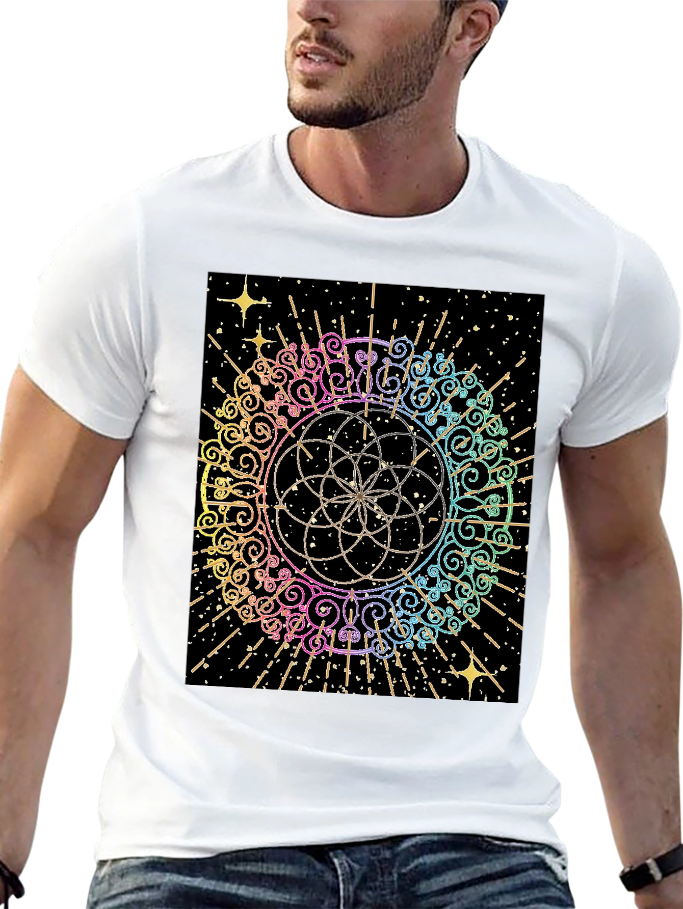 Geometric Rainbow Mandala Graphic T-Shirt