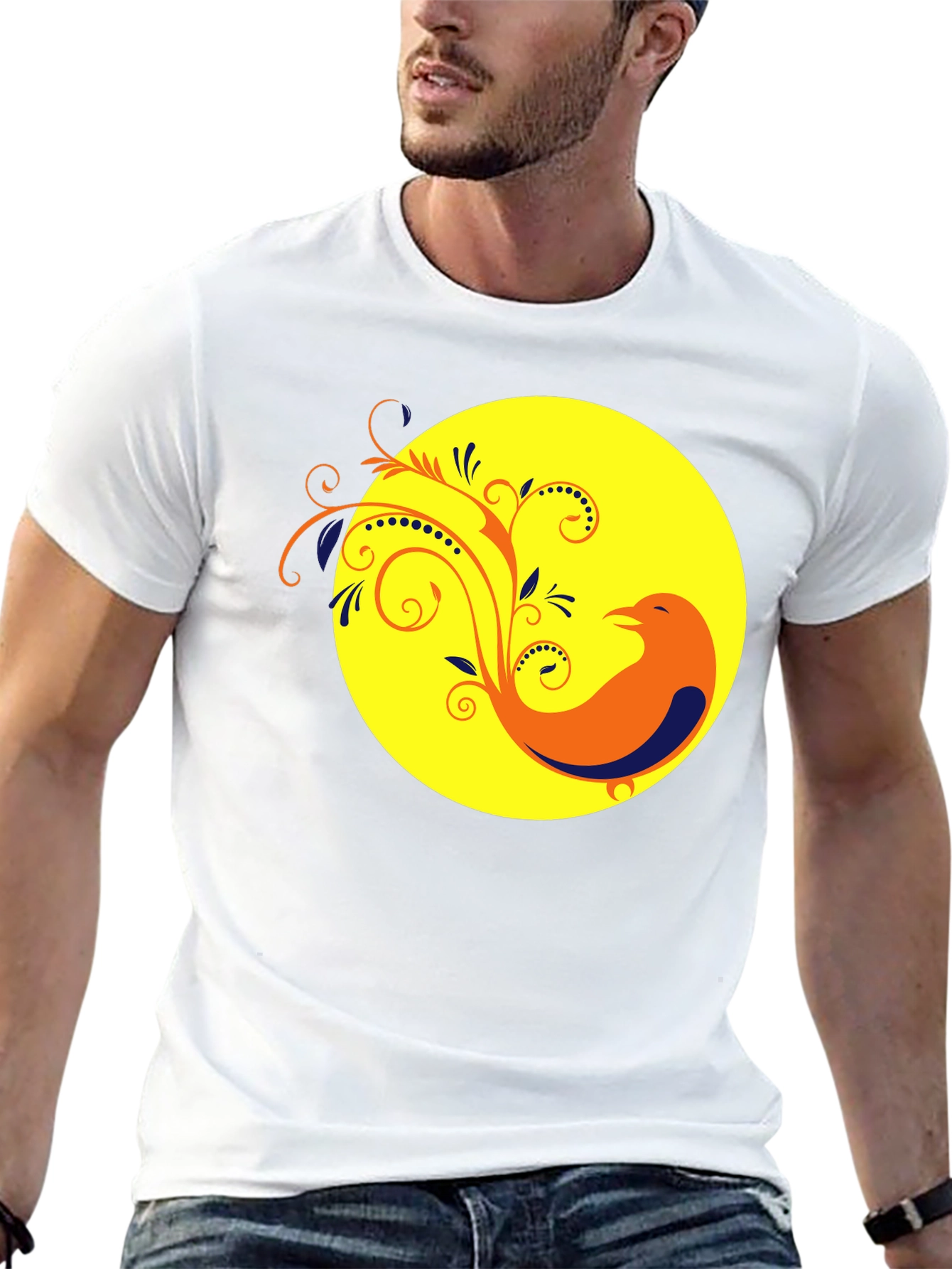 Black T-Shirt with Bird and Floral Design