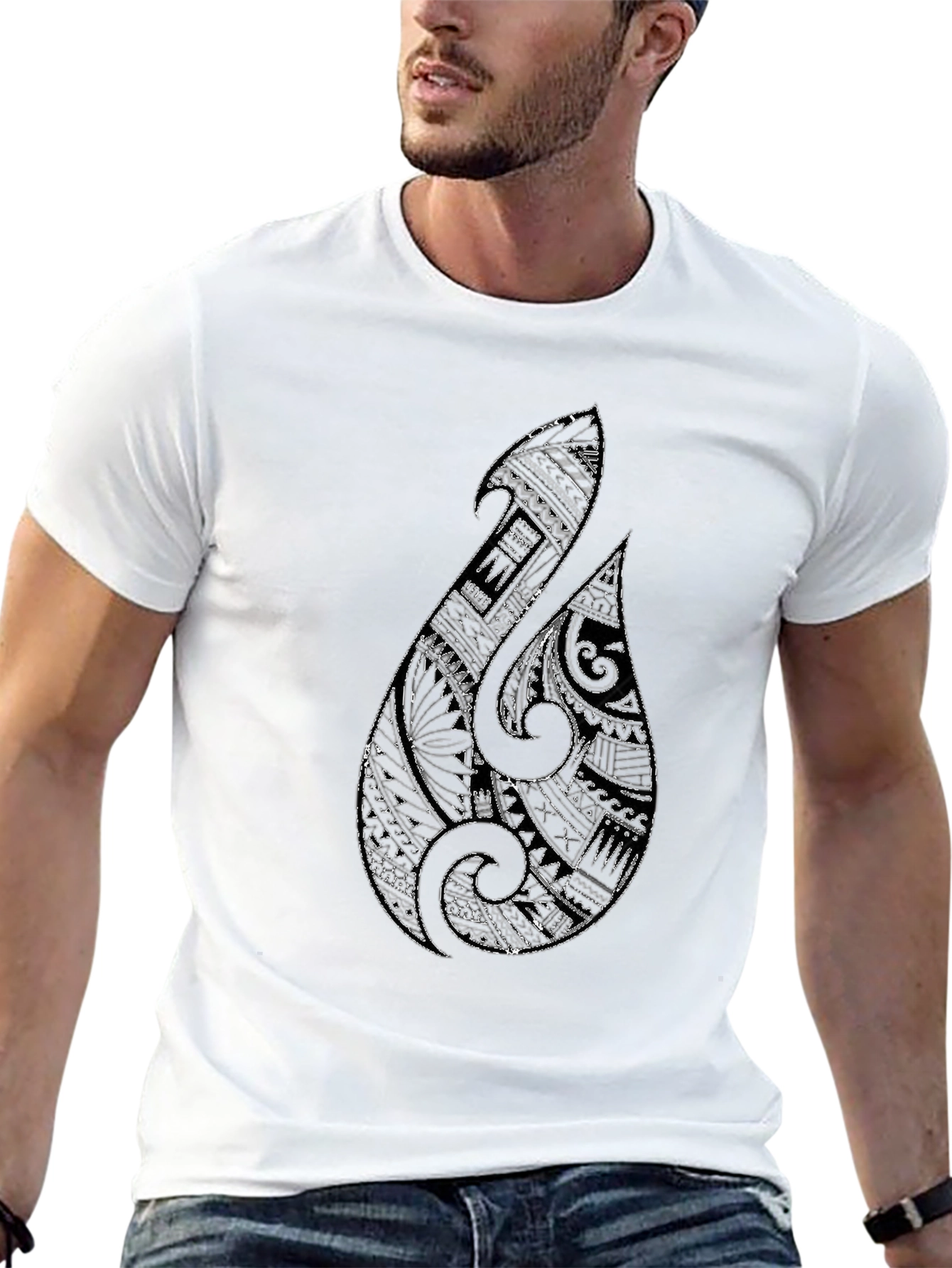 Tribal Hook Graphic Tee - Black Cotton Blend