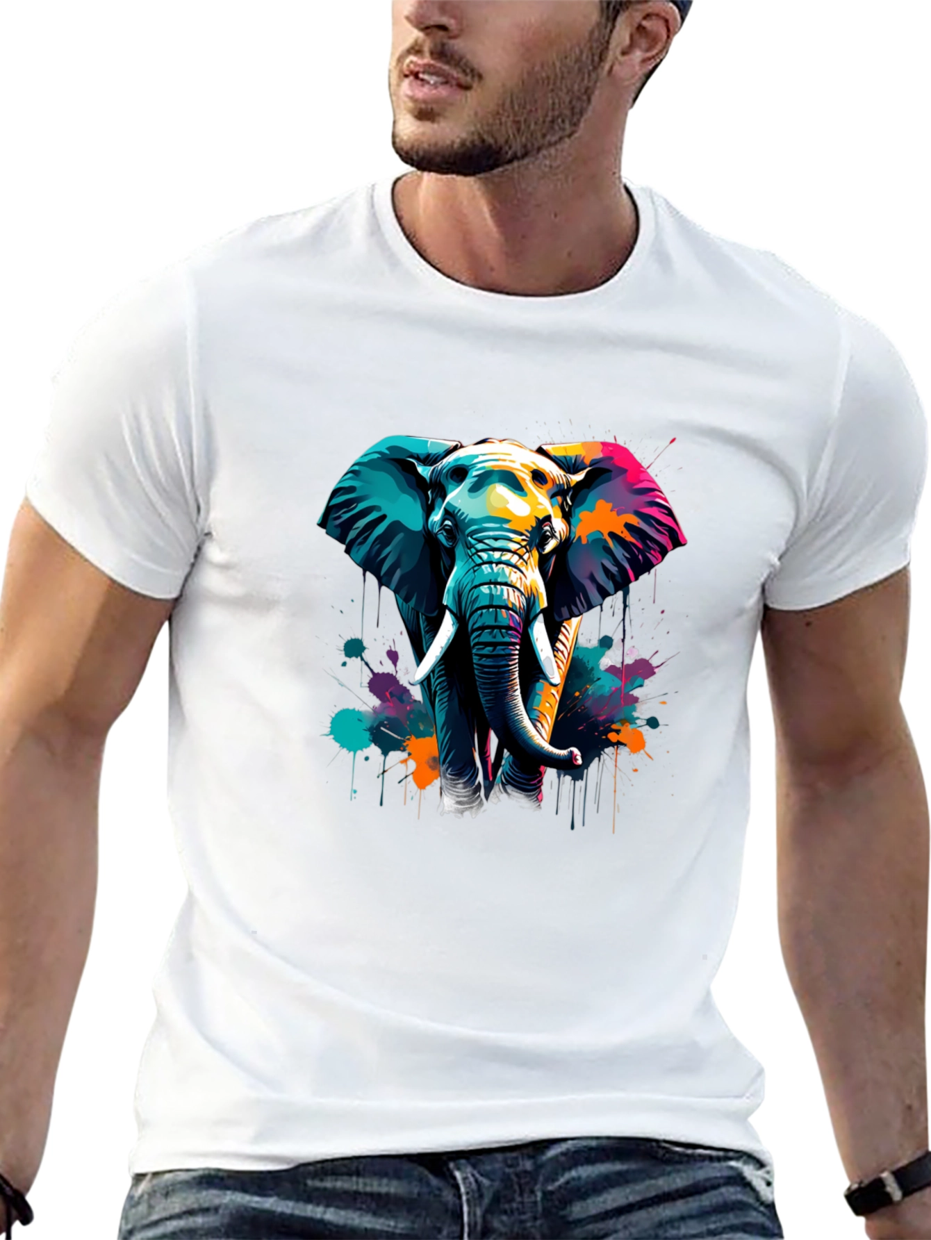 Vibrant Elephant Graphic Tee - Stylish Mens Black T-Shirt