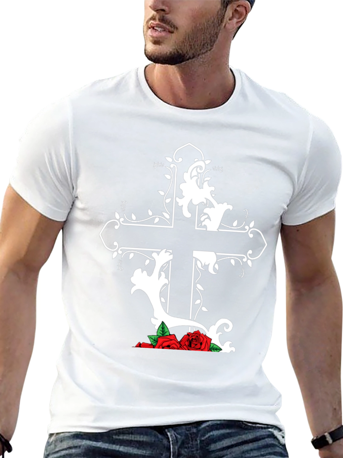 Gothic Cross and Roses Graphic T-Shirt
