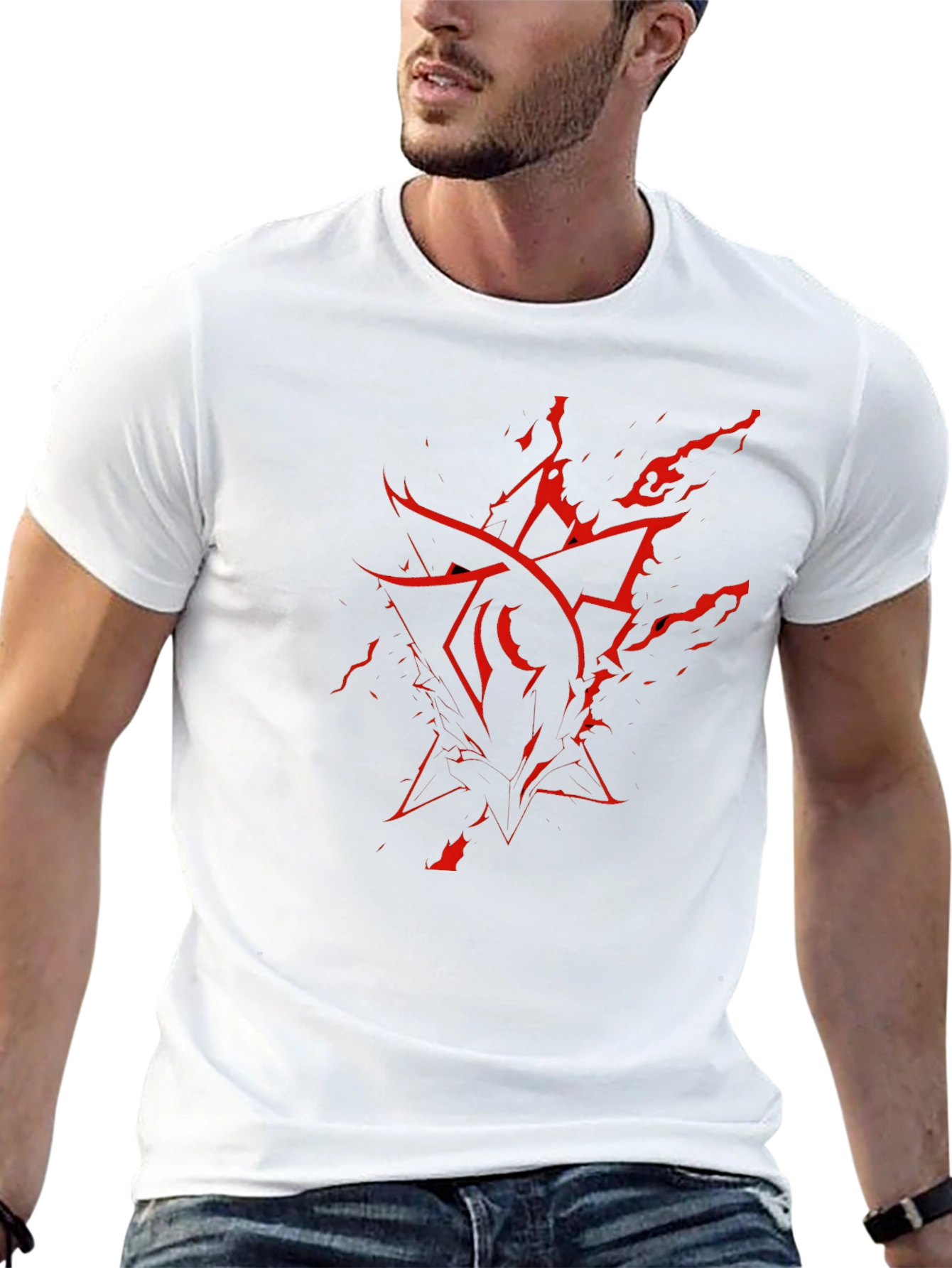 Mens Black T-Shirt with Red Abstract Graphic