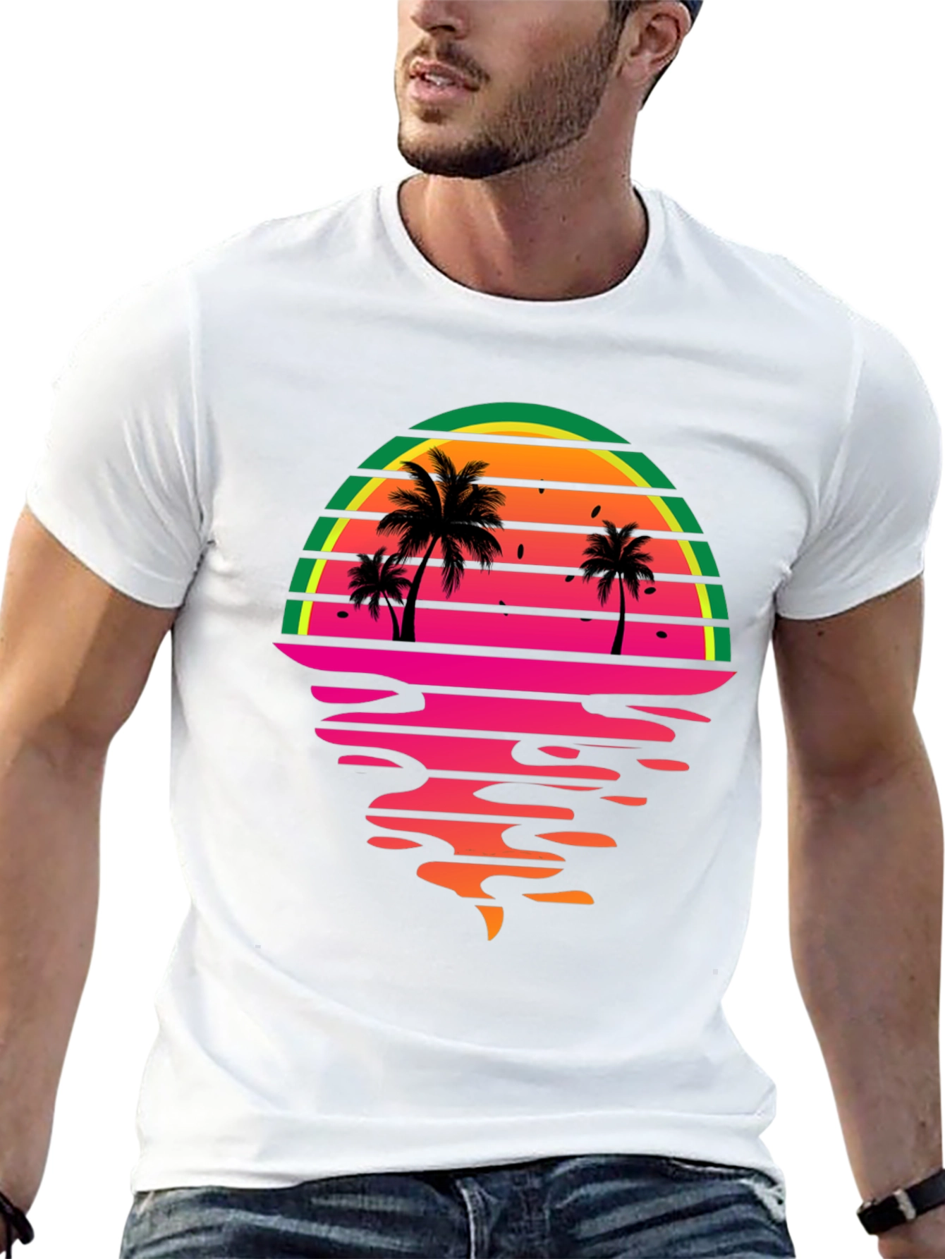 Retro Sunset Palm Tree Graphic Tee - Black