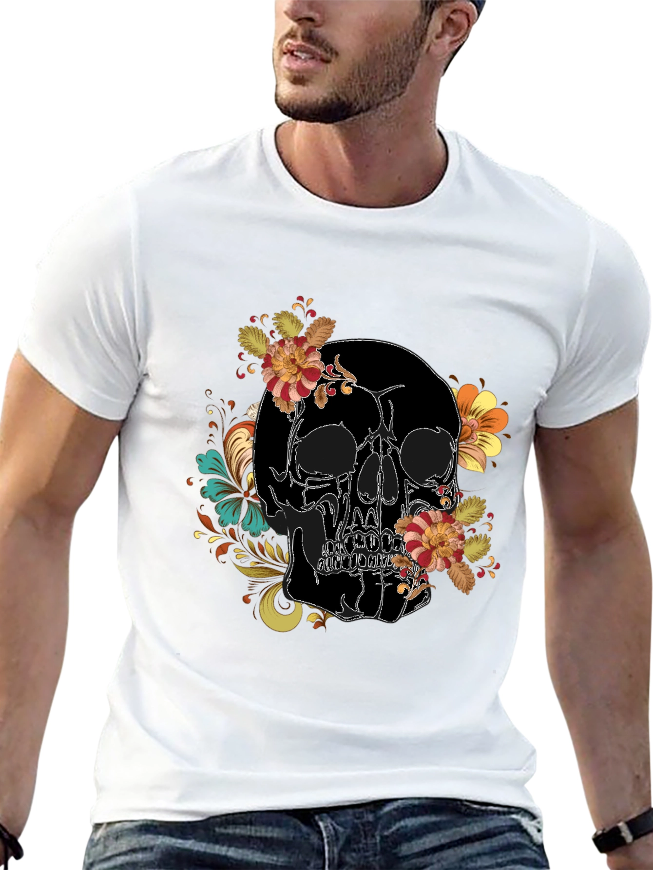 Skull Floral Print Black Tee