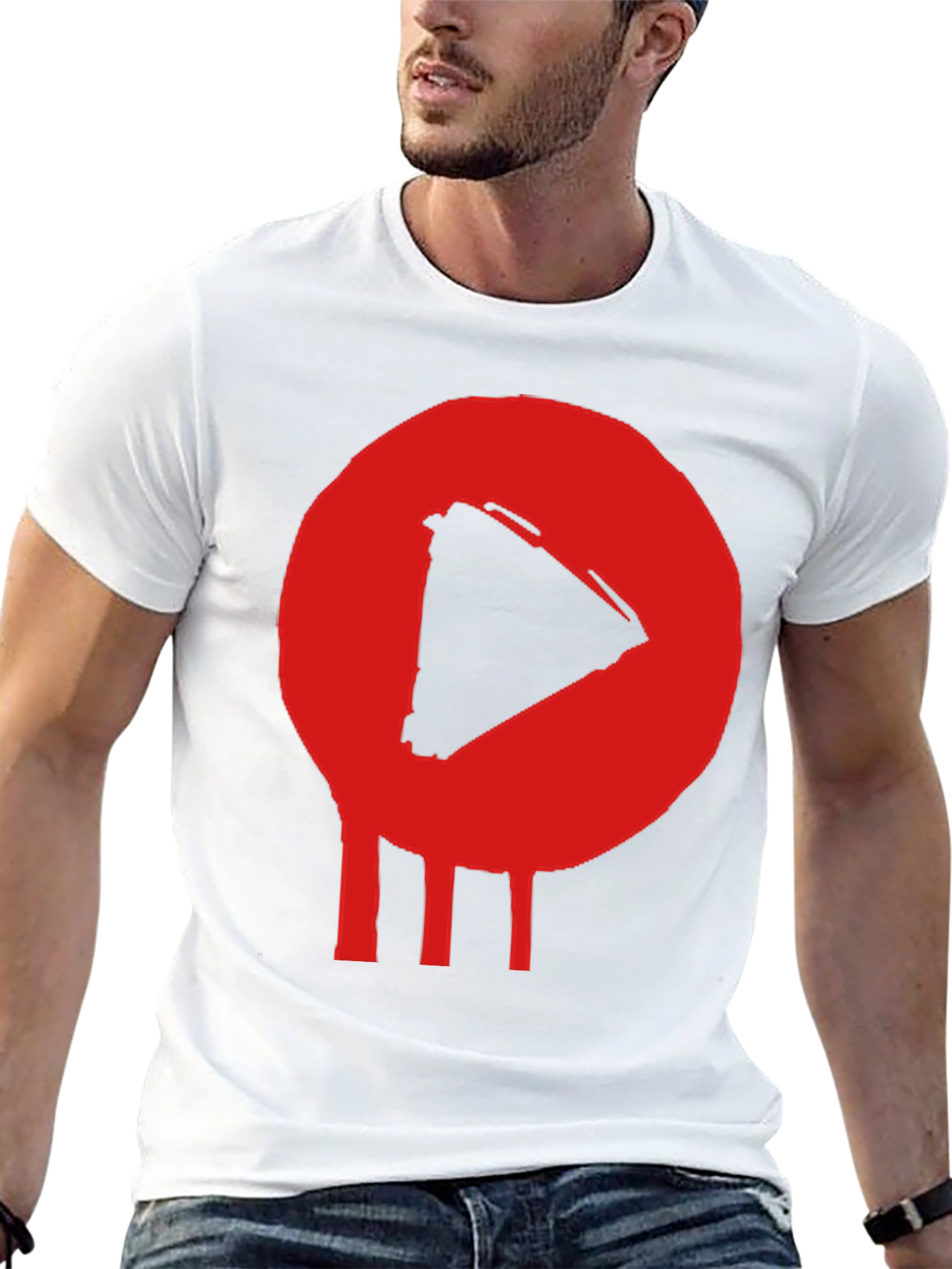 Play Button T-Shirt - Red Graphic Print Black Cotton