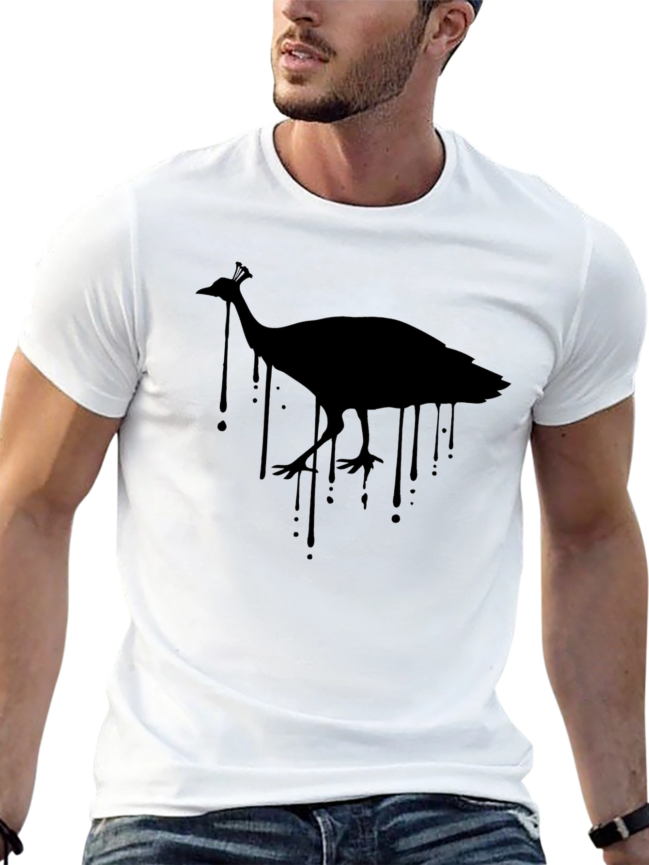 Mens Black T-Shirt with Peacock Graphic