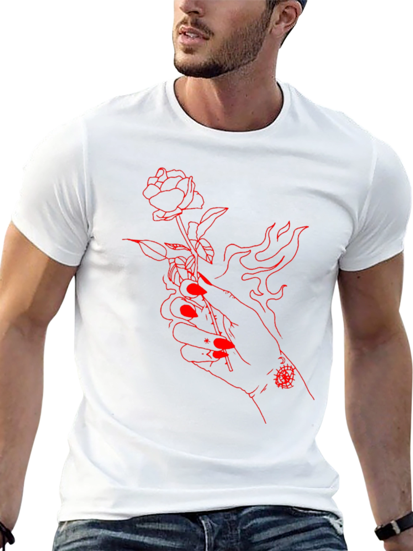 Red Rose Hand Graphic Black Tee