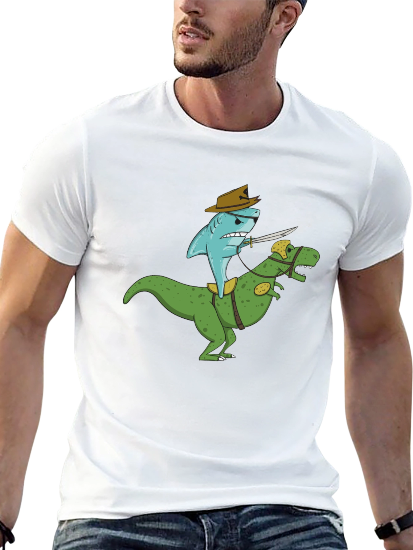 Shark Riding Dinosaur T-Shirt - Funny Graphic Tee